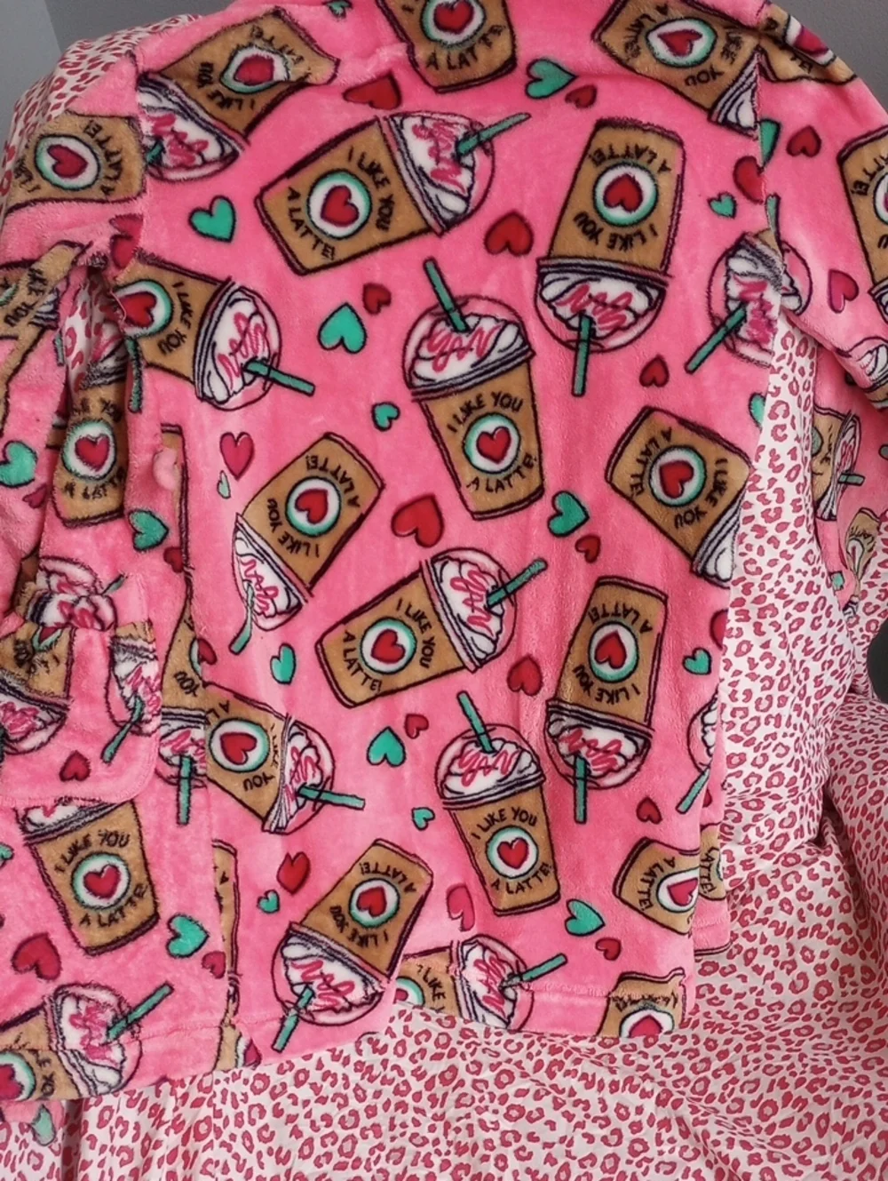 Pink Fleece Hoodie Robe with Coffee & Hearts Print